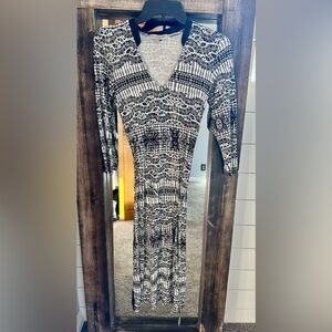 Downeast Black & Cream Boho Print Midi Dress 3/4 Sleeve Size Small